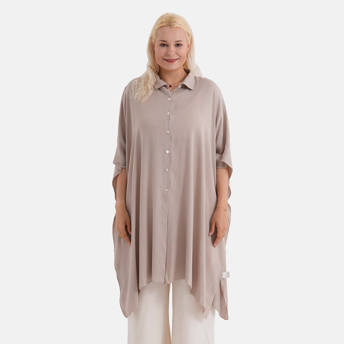 La Marey Kaftan-Style Longline Shirt (One Size) - Beige 8417104 5