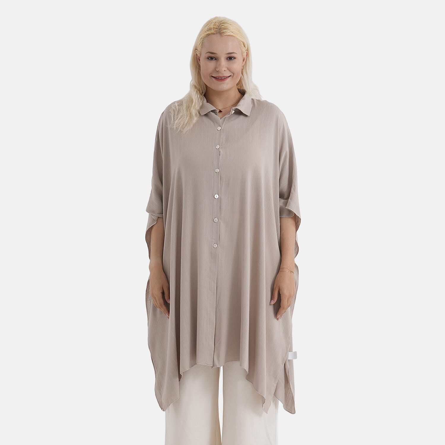 La Marey Kaftan-Style Longline Shirt (One Size) - Beige 8417104 5