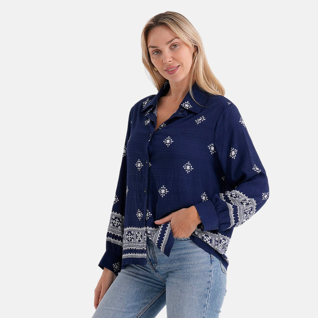 La Marey Placement Print Long-Sleeve Shirt (Size 8 to 14) - Navy Blue