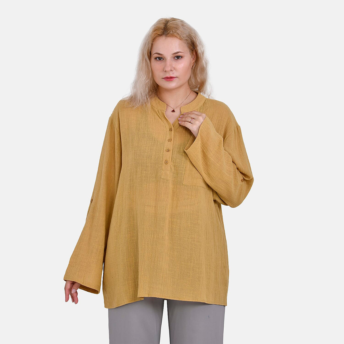 La Marey Cotton Blend 3-4 Sleeve Shirt (Size L) - Yellow 7725207 3