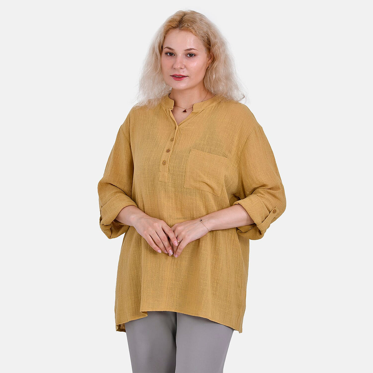 La Marey Cotton Blend 3-4 Sleeve Shirt (Size L) - Yellow 7725207 5