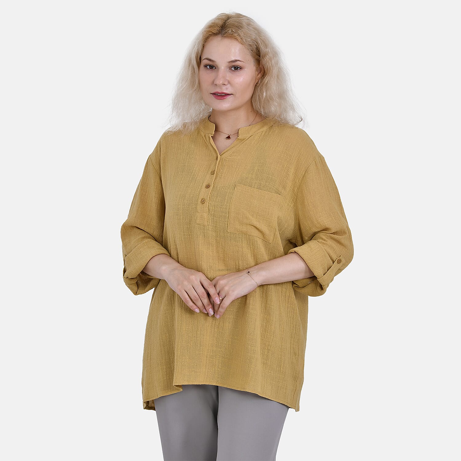 La Marey Cotton Blend 3-4 Sleeve Shirt (Size L) - Yellow 7725207 5