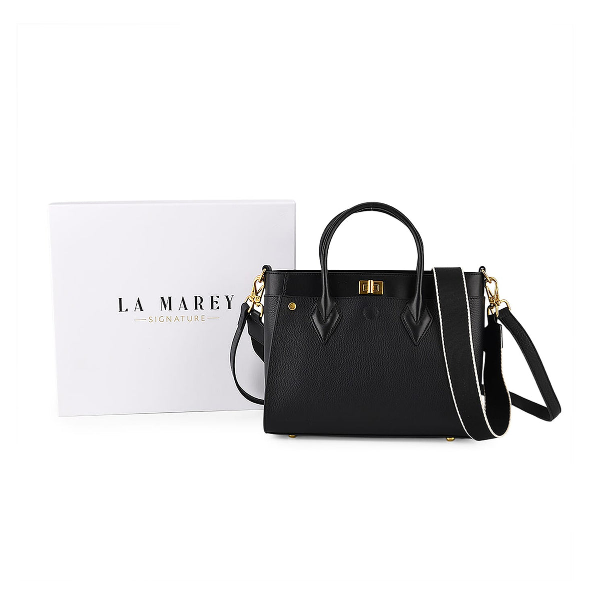 DOD- La Marey Signature Genuine Leather Structured Handbag with Crossbody Strap - Black 8345487 0