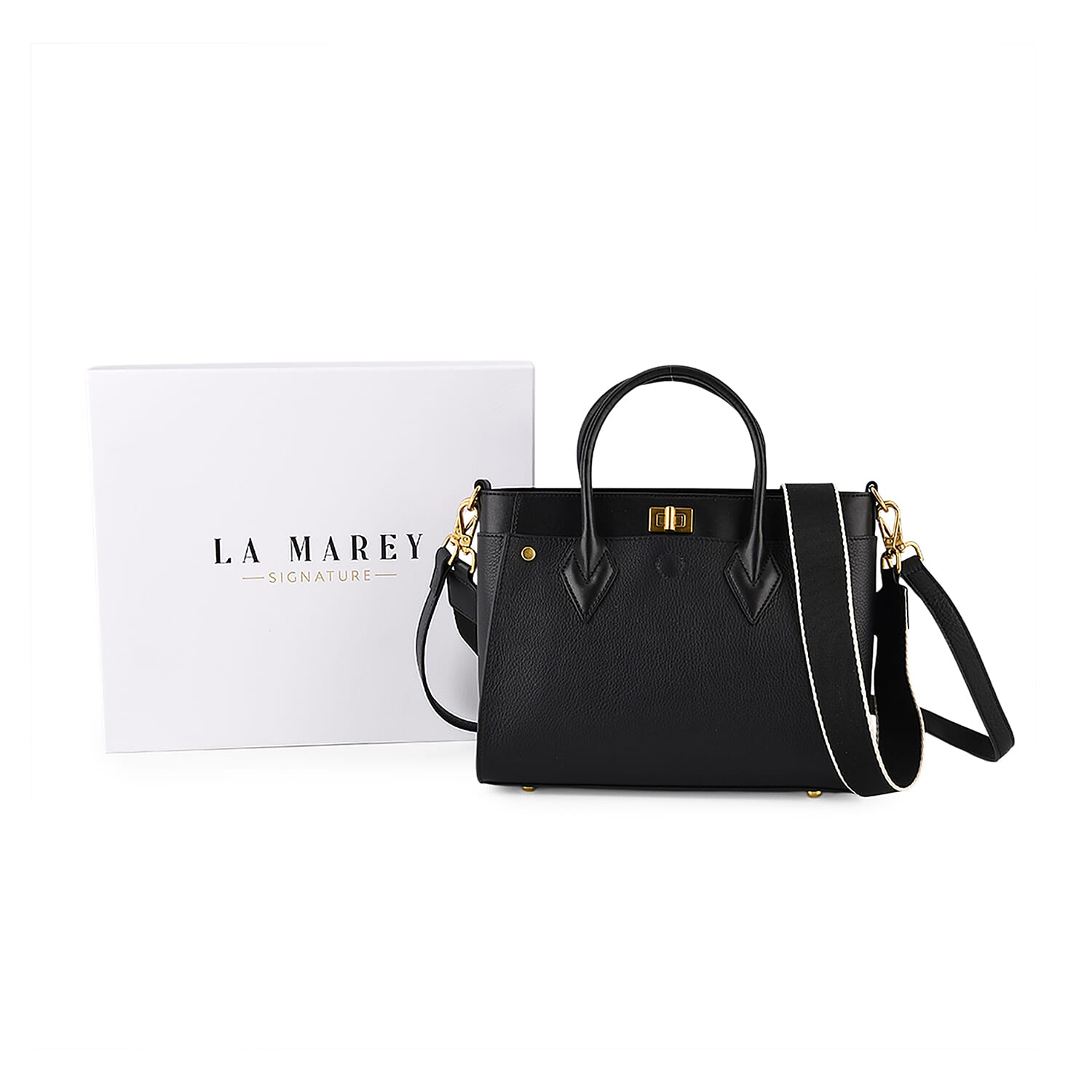 DOD- La Marey Signature Genuine Leather Structured Handbag with Crossbody Strap - Black 8345487 0