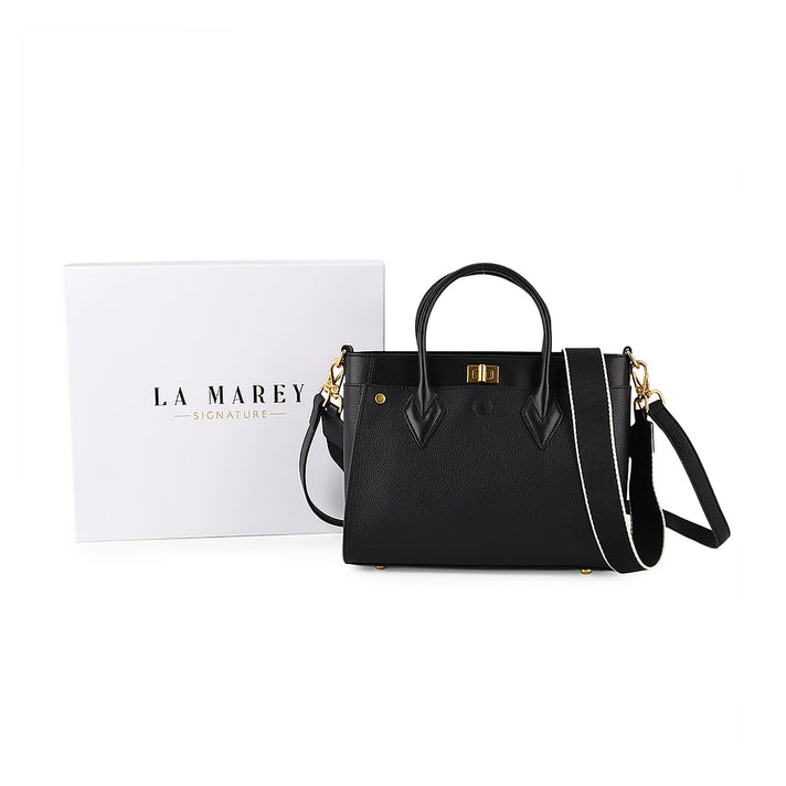 DOD- La Marey Signature Genuine Leather Structured Handbag with Crossbody Strap - Black 8345487 1