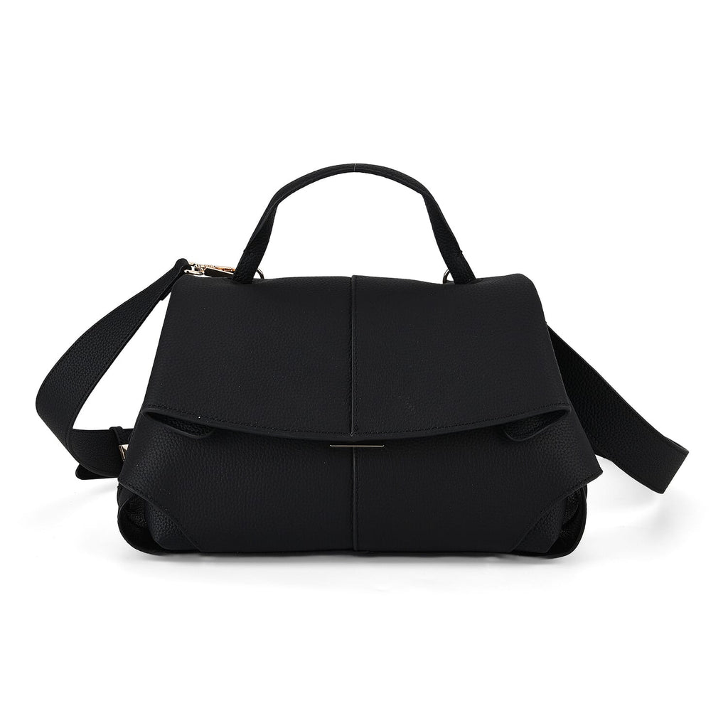 La Marey Signature Genuine Leather Tote-Top Handle Handbag with Crossbody Strap - Black