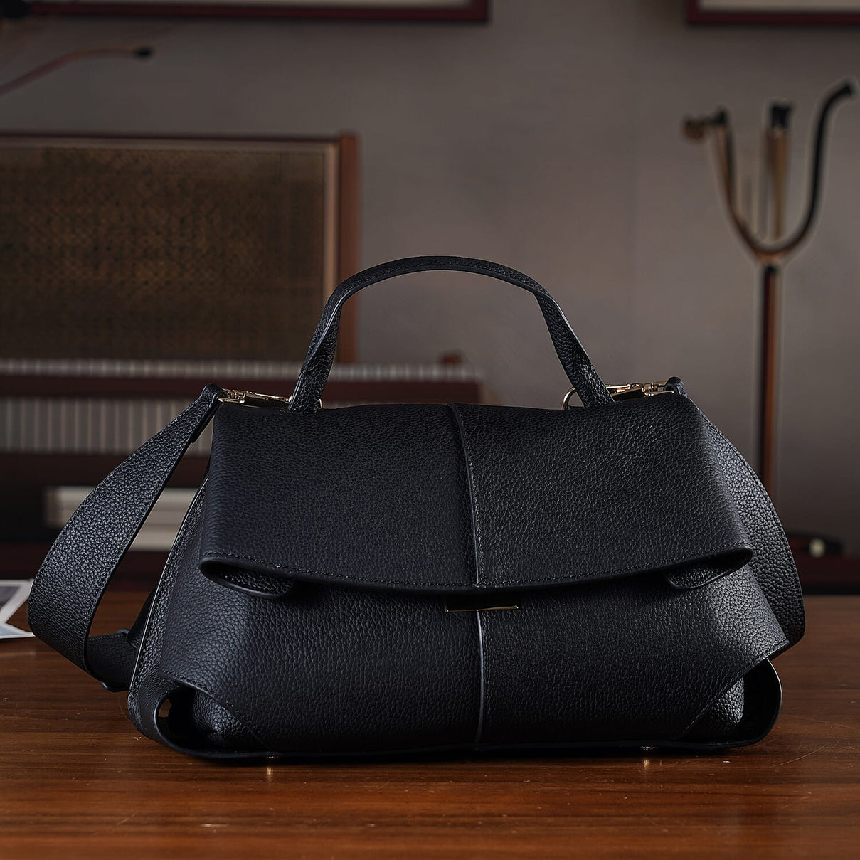 La Marey Signature Genuine Leather Tote-Top Handle Handbag with Crossbody Strap - Black V32535096 2