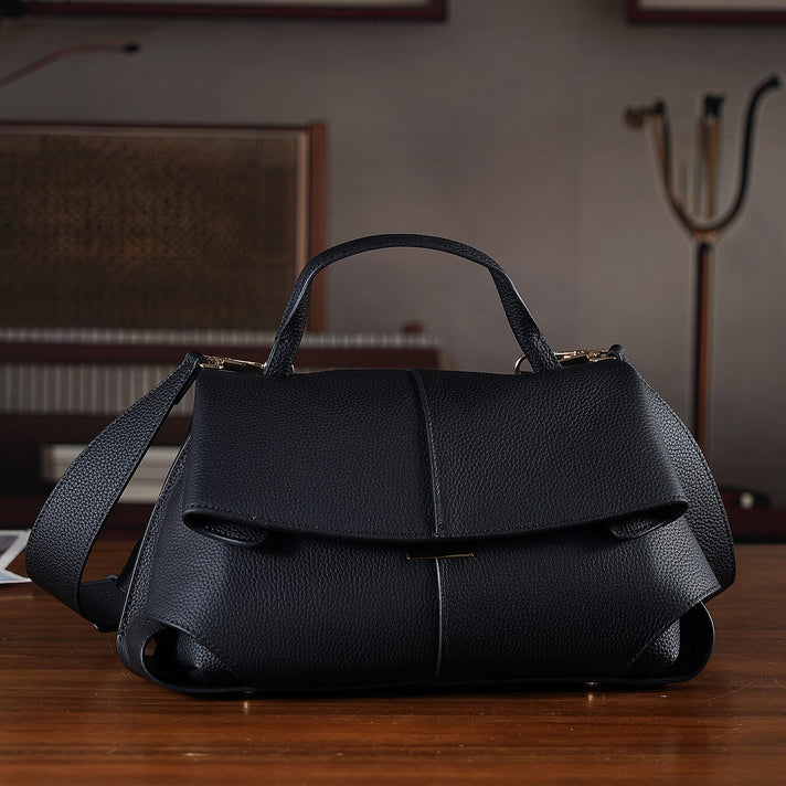 La Marey Signature Genuine Leather Tote-Top Handle Handbag with Crossbody Strap - Black 8437862 2