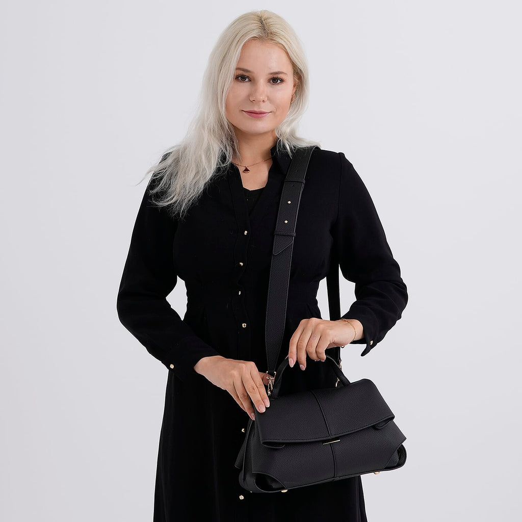 La Marey Signature Genuine Leather Tote-Top Handle Handbag with Crossbody Strap - Black
