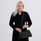 La Marey Signature Genuine Leather Tote-Top Handle Handbag with Crossbody Strap - Black