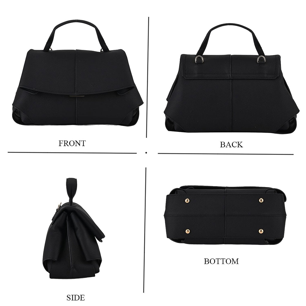 La Marey Signature Genuine Leather Tote-Top Handle Handbag with Crossbody Strap - Black