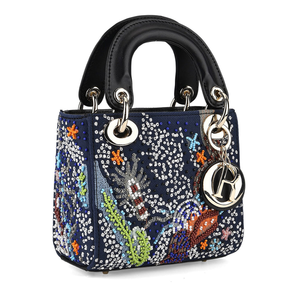 LA MAREY SIGNATURE Genuine Leather Marin Animal Sequins Embroidery Handbag - MultiColour