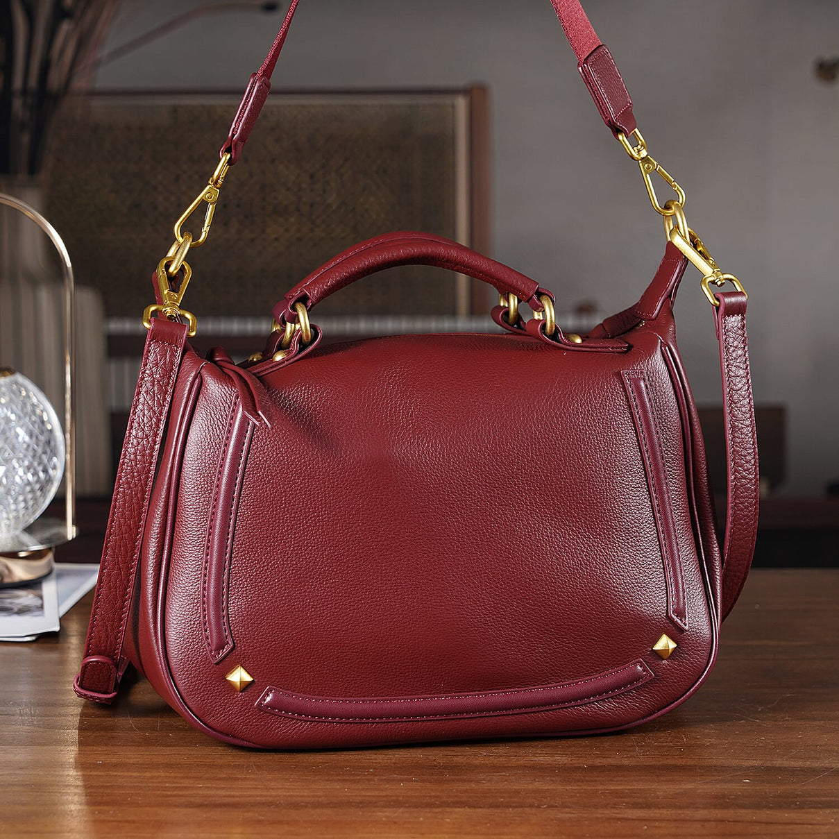 La Marey Signature Genuine Italian Leather Luxury Structured Top-Handle Handbag - Burgundy 8377437 2