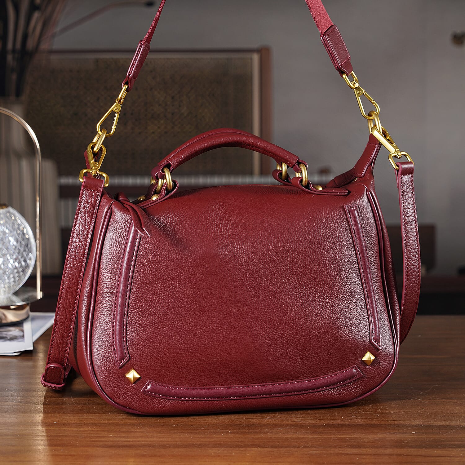 La Marey Signature Genuine Italian Leather Luxury Structured Top-Handle Handbag - Burgundy 8377437 2
