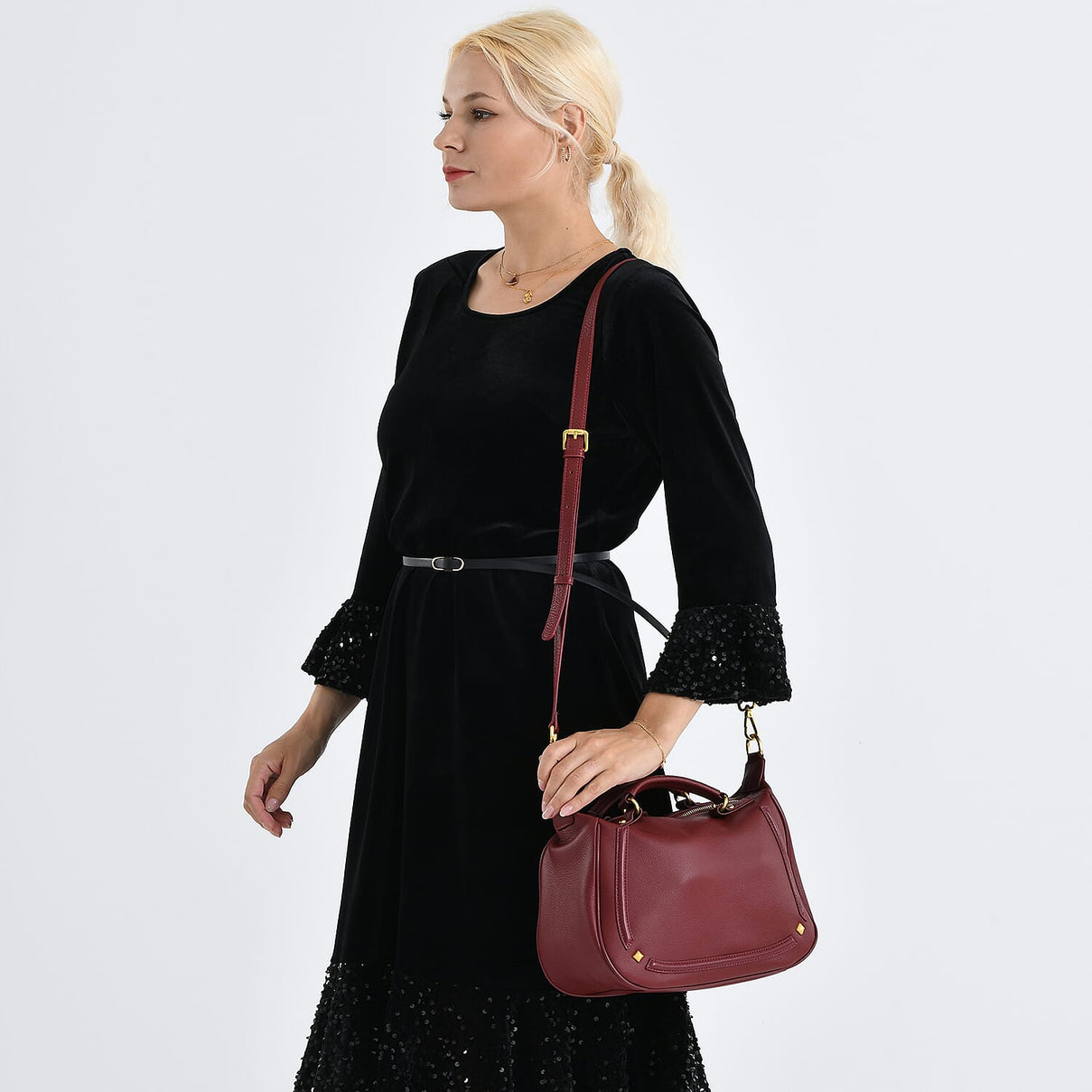 La Marey Signature Genuine Italian Leather Luxury Structured Top-Handle Handbag - Burgundy 8377437 3