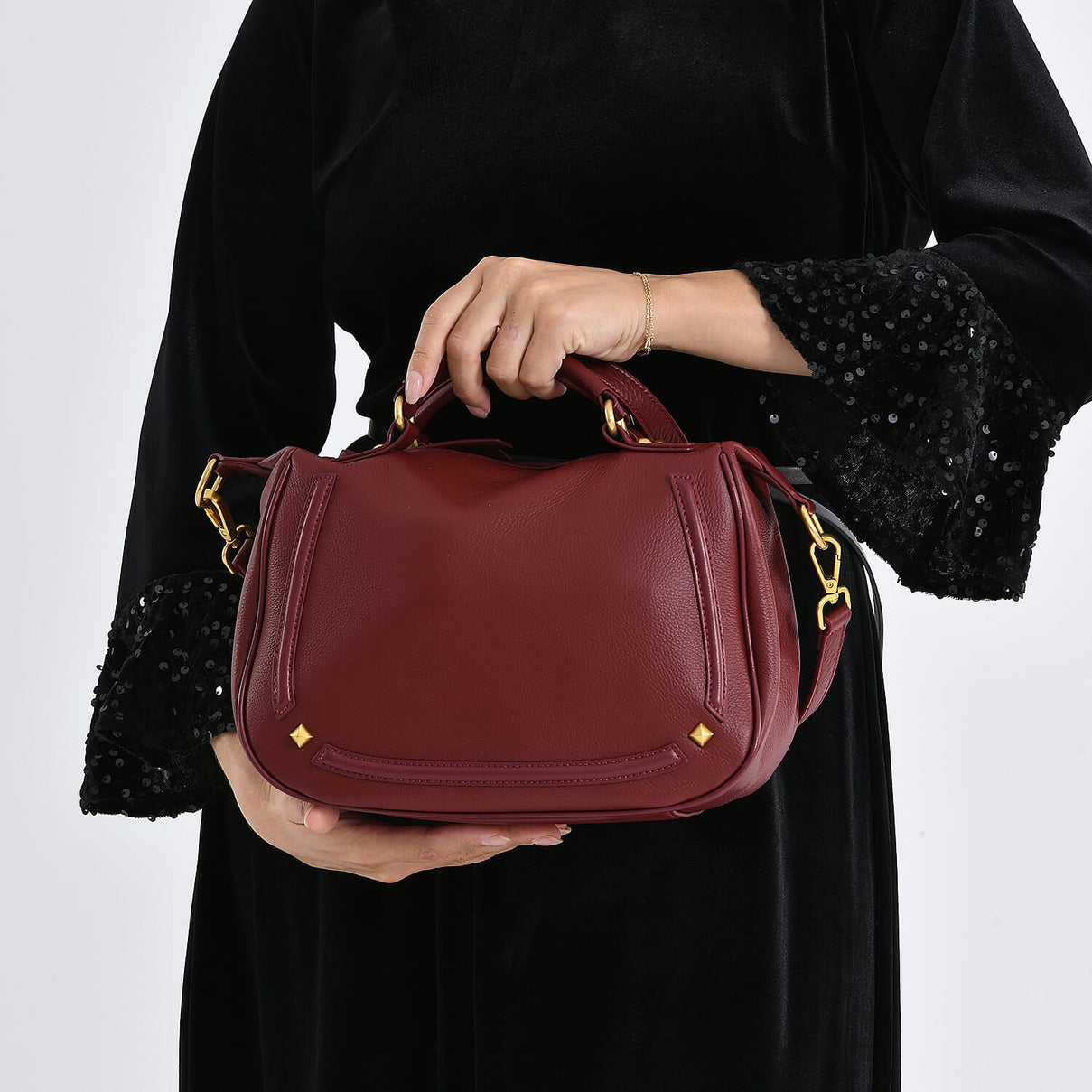 La Marey Signature Genuine Italian Leather Luxury Structured Top-Handle Handbag - Burgundy 8377437 4