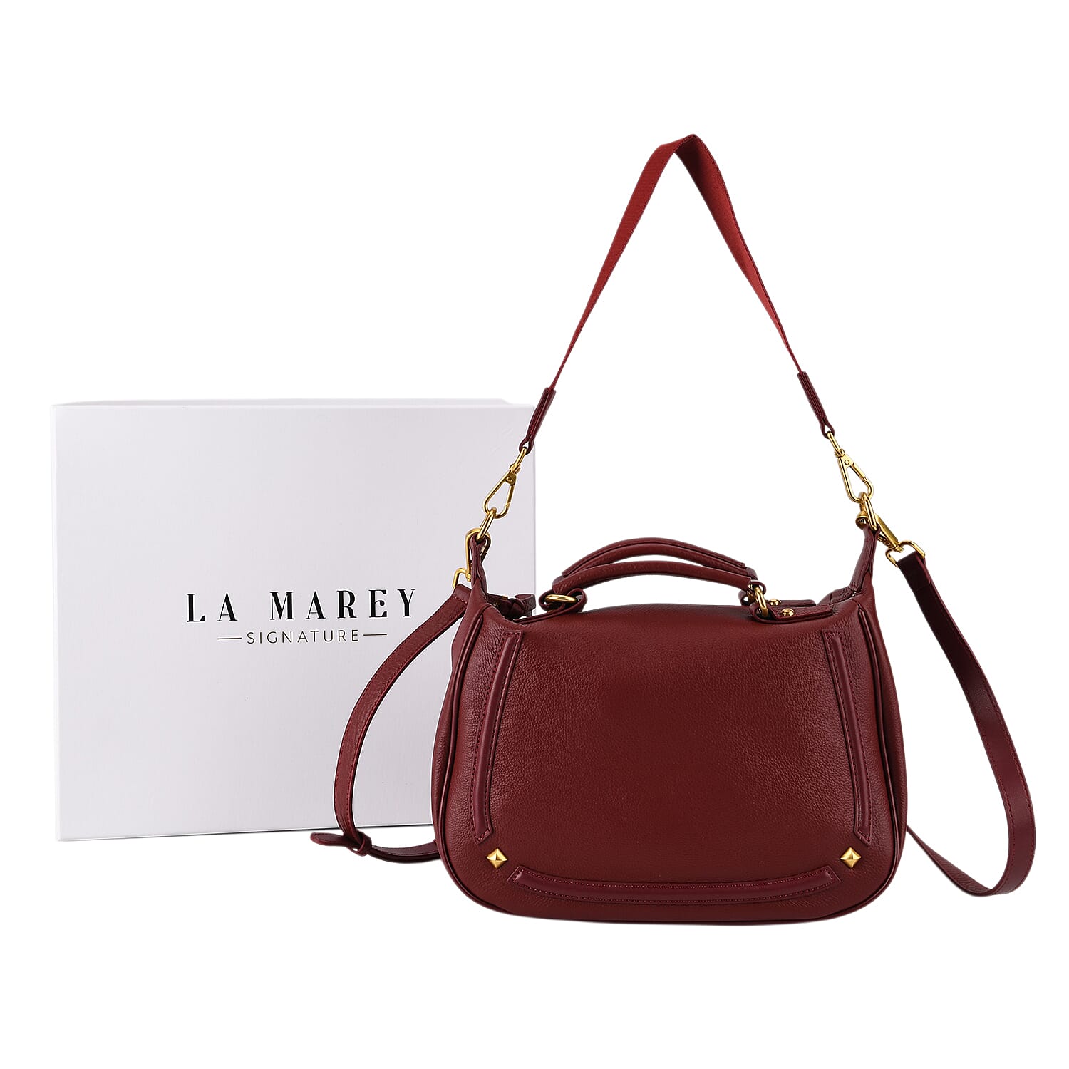 La Marey Signature Genuine Italian Leather Luxury Structured Top-Handle Handbag - Burgundy 8377437 10