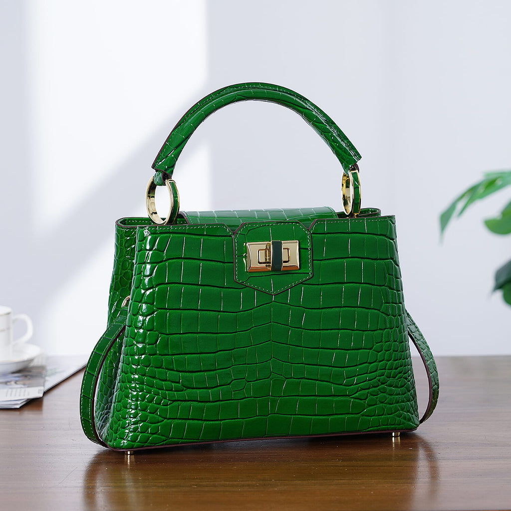 TJC 20TH ANNIVERSARY EXCLUSIVE La Marey Signature Genuine Leather Croc-Embossed Satchel Handbag - Green