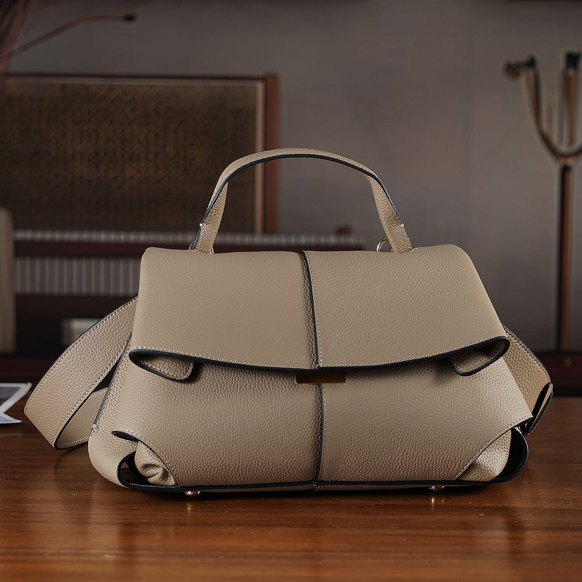 La Marey Signature Genuine Leather Tote-Top Handle Handbag with Crossbody Strap - Grey 8437863 2