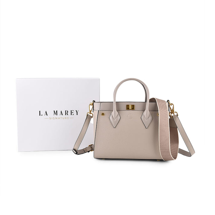 La Marey Signature Genuine Leather Structured Handbag with Crossbody Strap - Light Grey 8345493 1