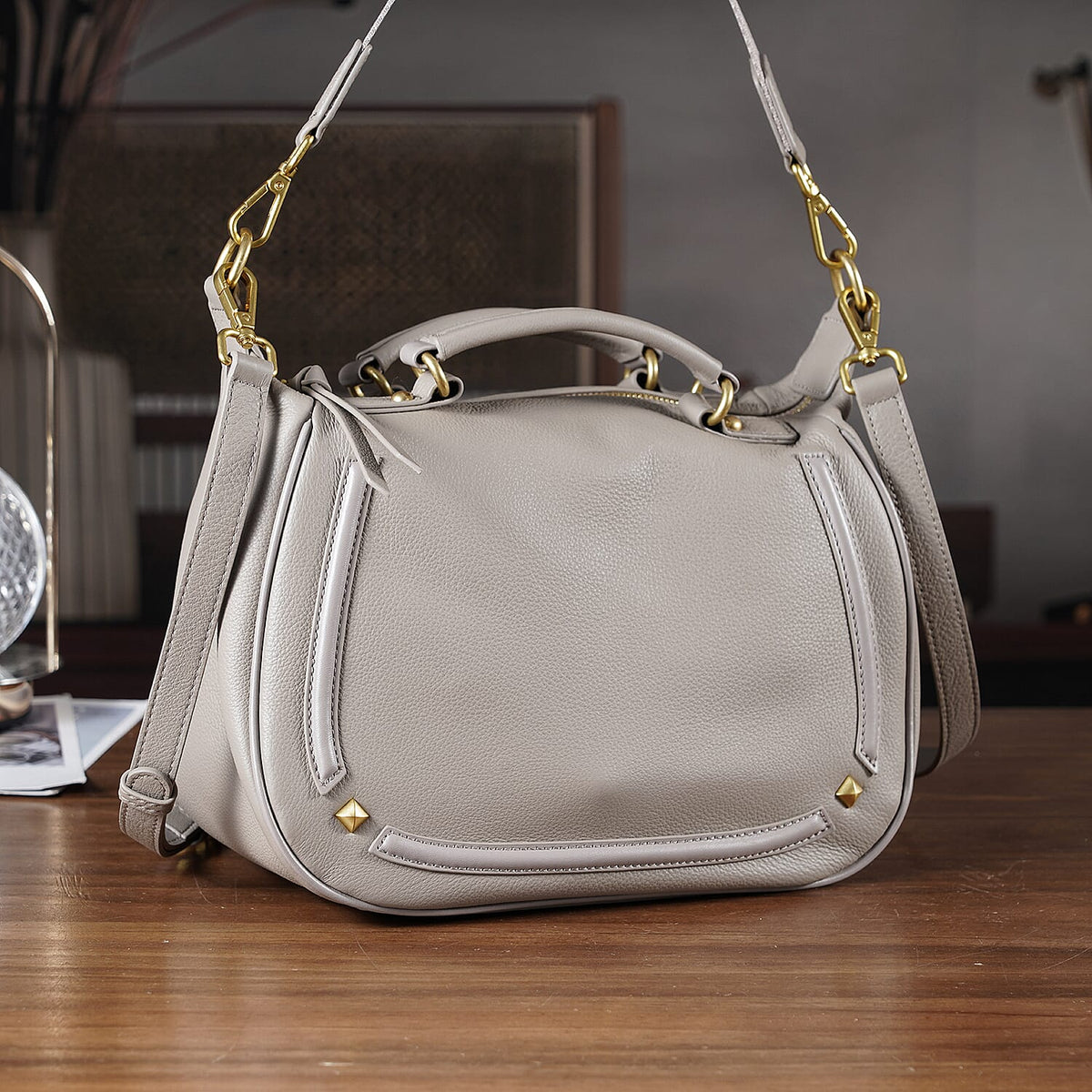 La Marey Signature Genuine Italian Leather Luxury Structured Top-Handle Handbag - Taupe V32630391 2