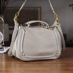 La Marey Signature Genuine Italian Leather Luxury Structured Top-Handle Handbag - Taupe