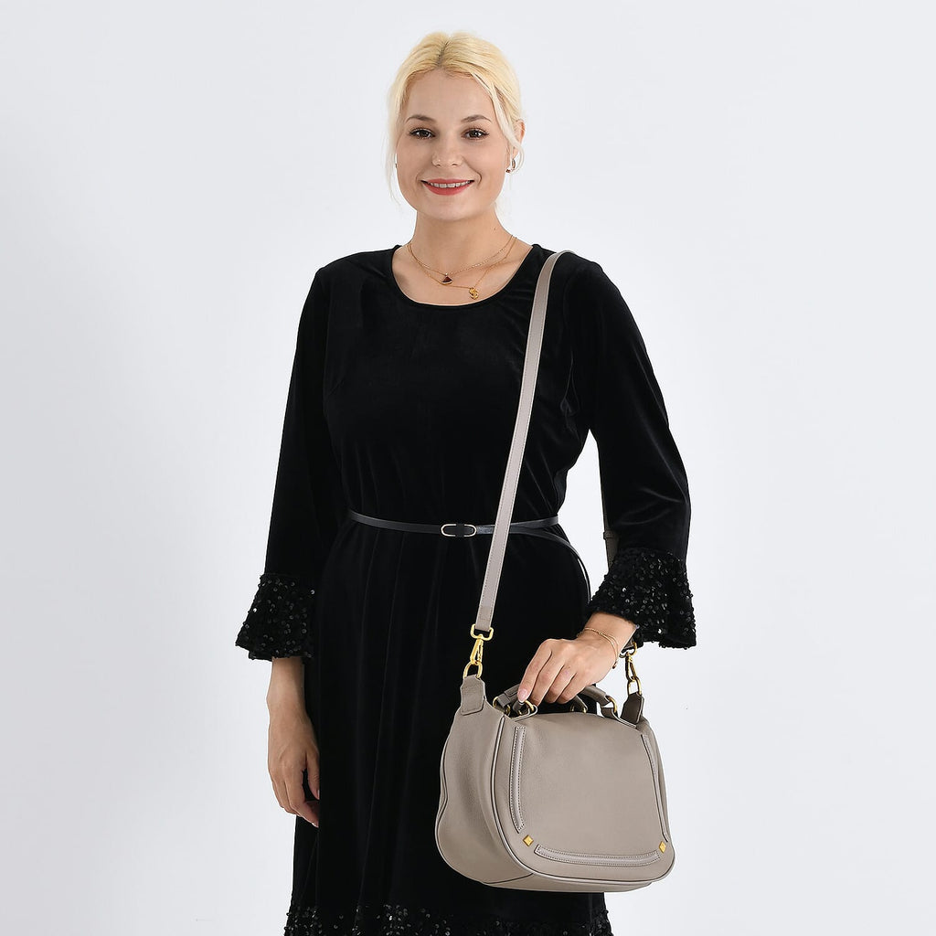La Marey Signature Genuine Italian Leather Luxury Structured Top-Handle Handbag - Taupe