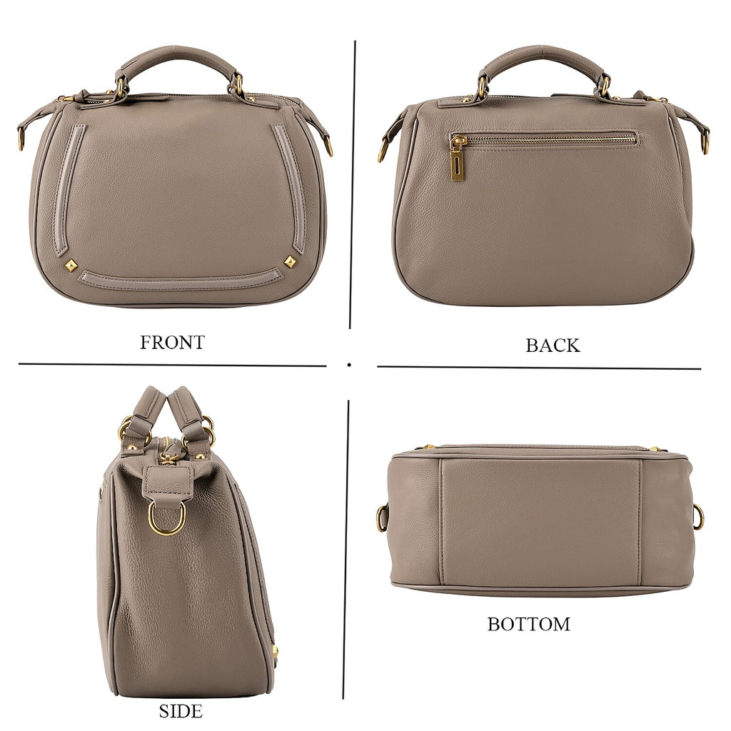 La Marey Signature Genuine Italian Leather Luxury Structured Top-Handle Handbag - Taupe