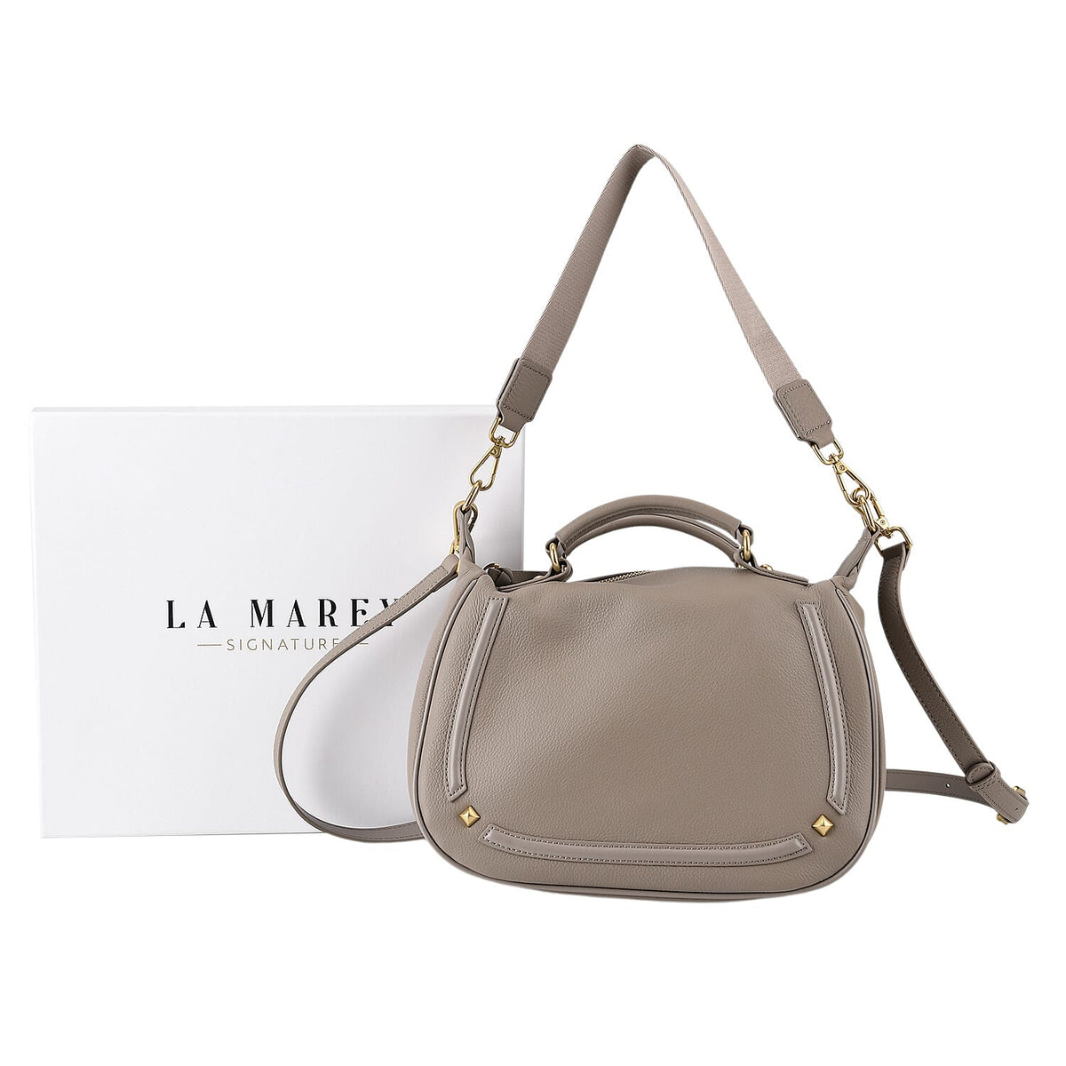 La Marey Signature Genuine Italian Leather Luxury Structured Top-Handle Handbag - Taupe V32630391 10