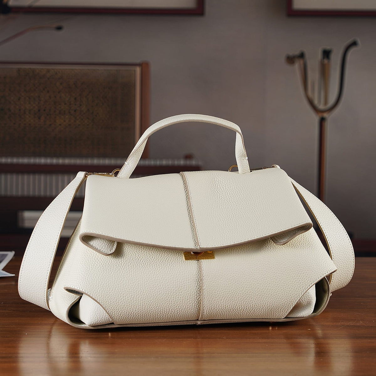La Marey Signature Genuine Leather Tote Top Handle Handbag with Crossbody Strap - Off White V32516064 2
