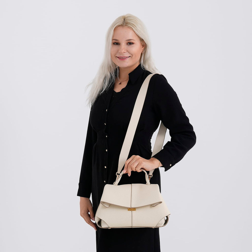 La Marey Signature Genuine Leather Tote Top Handle Handbag with Crossbody Strap - Off White