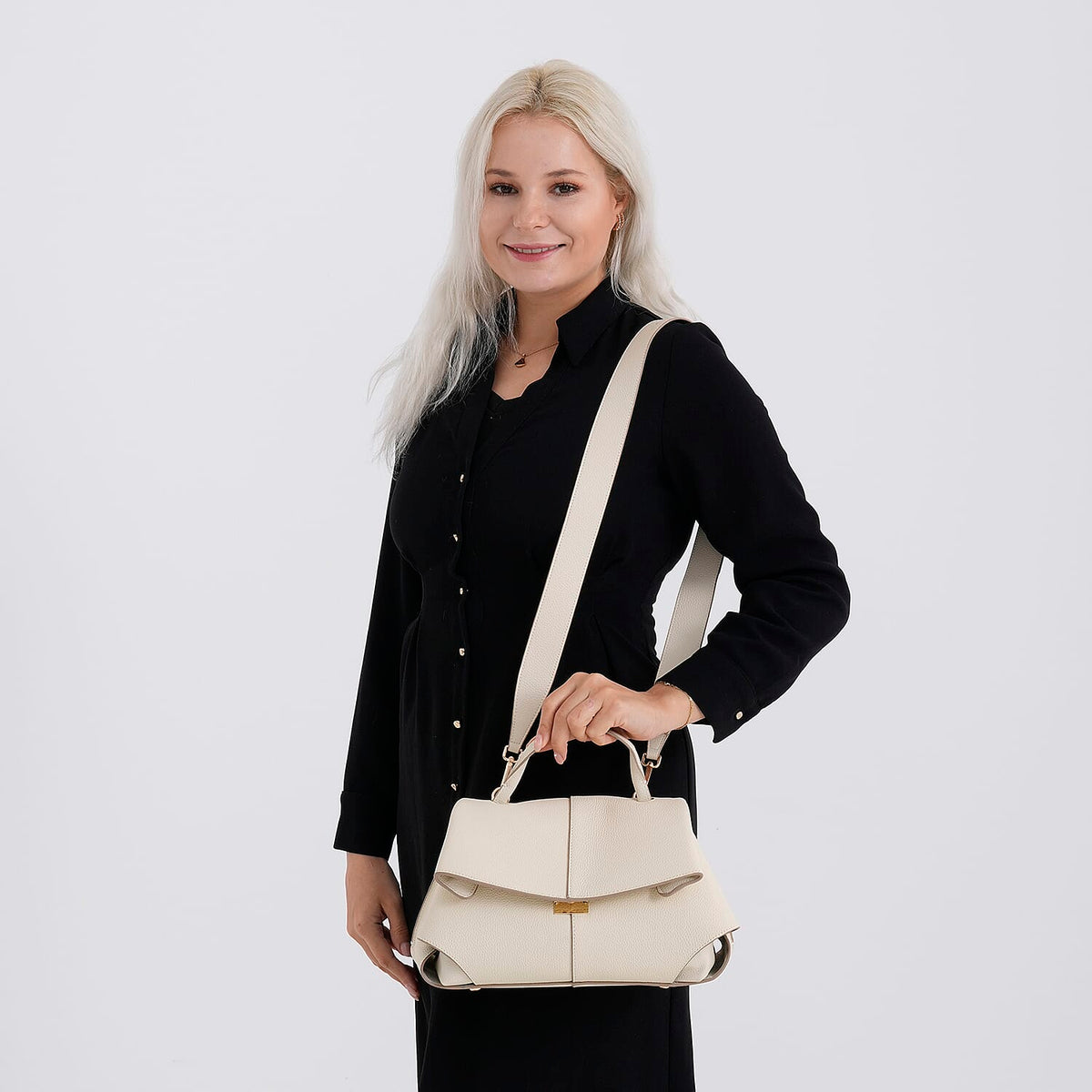 La Marey Signature Genuine Leather Tote Top Handle Handbag with Crossbody Strap - Off White V32516064 3