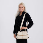 La Marey Signature Genuine Leather Tote Top Handle Handbag with Crossbody Strap - Off White