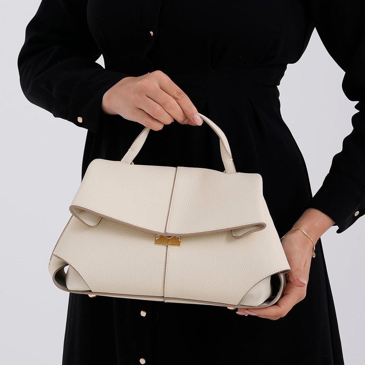 La Marey Signature Genuine Leather Tote Top Handle Handbag with Crossbody Strap - Off White V32516064 4