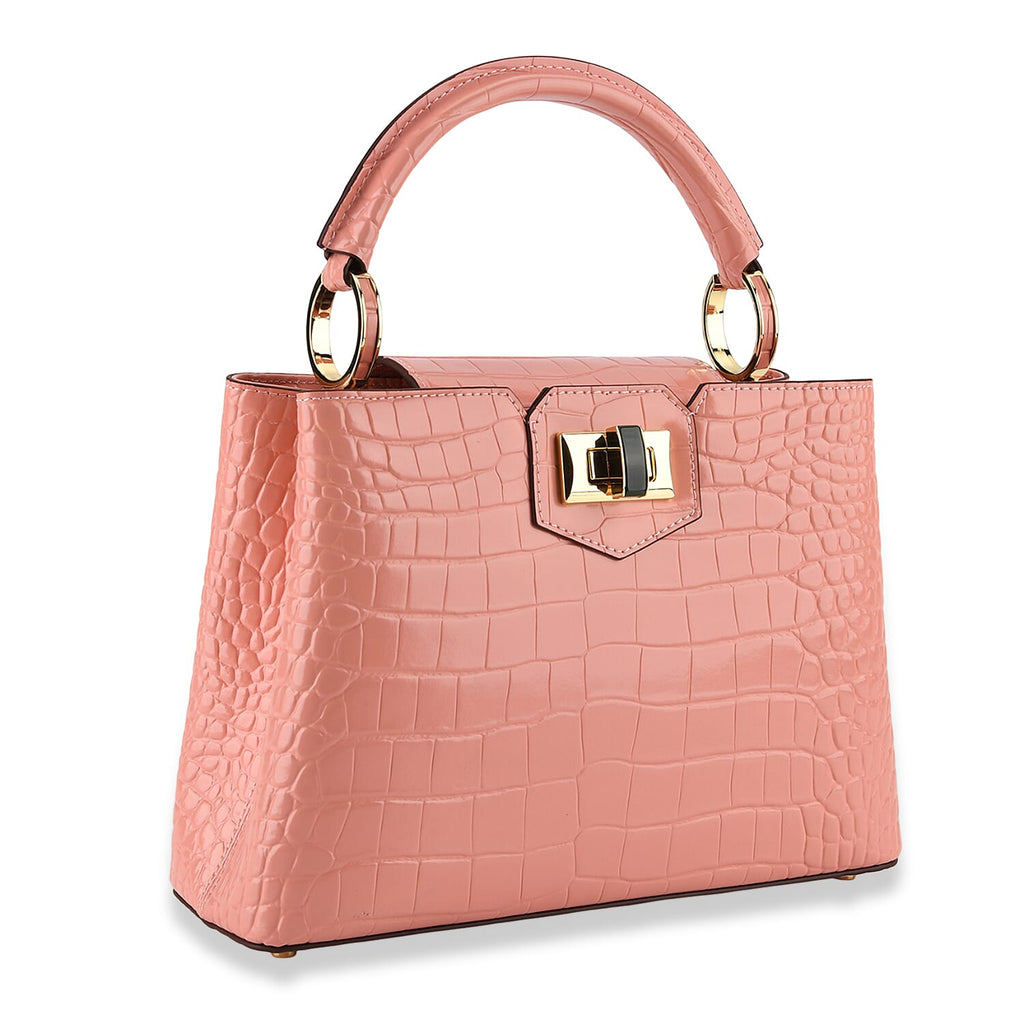 TJC 20TH ANNIVERSARY EXCLUSIVE La Marey Signature Genuine Leather Croc-Embossed Satchel Handbag - Peach