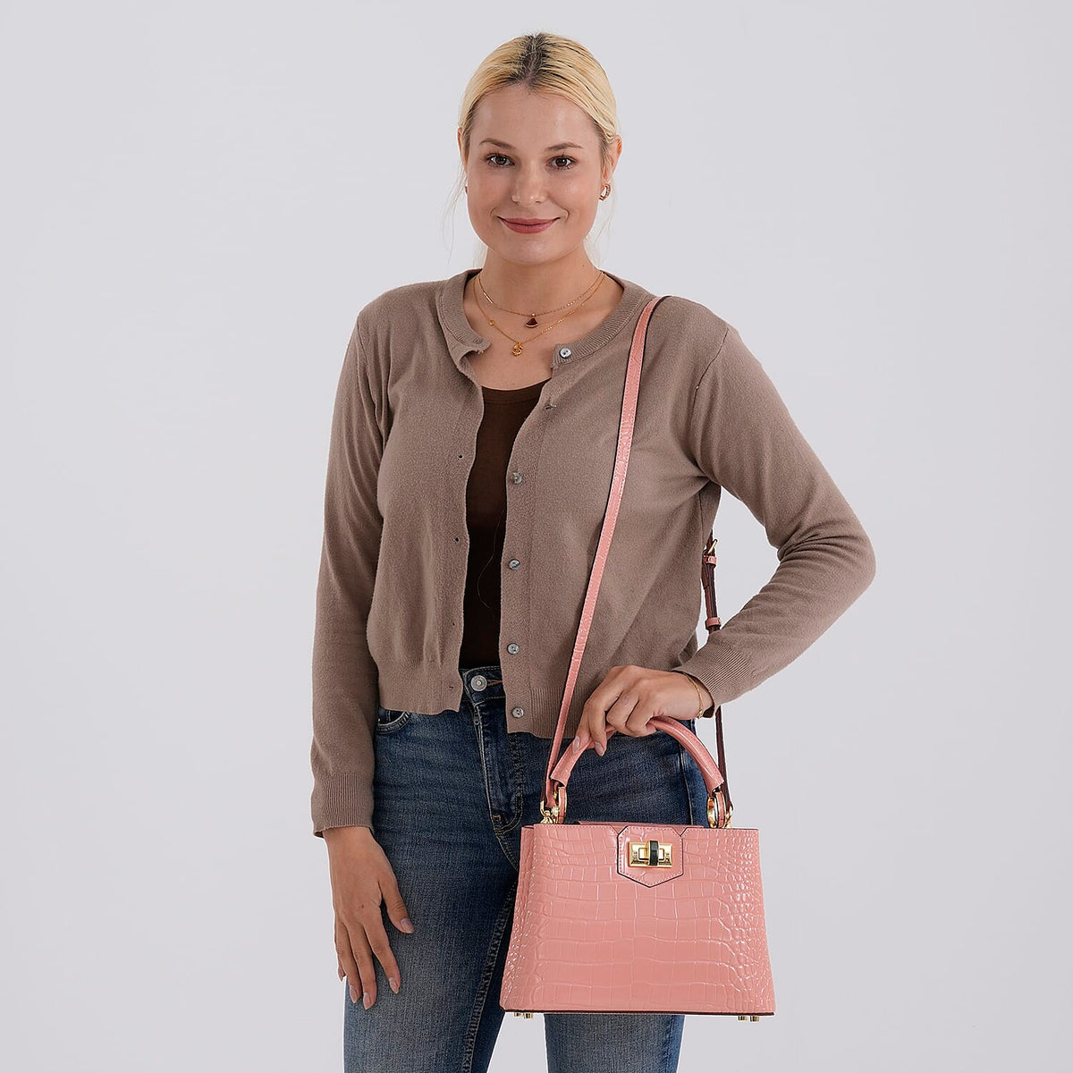 TJC 20TH ANNIVERSARY EXCLUSIVE La Marey Signature Genuine Leather Croc-Embossed Satchel Handbag - Peach V32516673 3