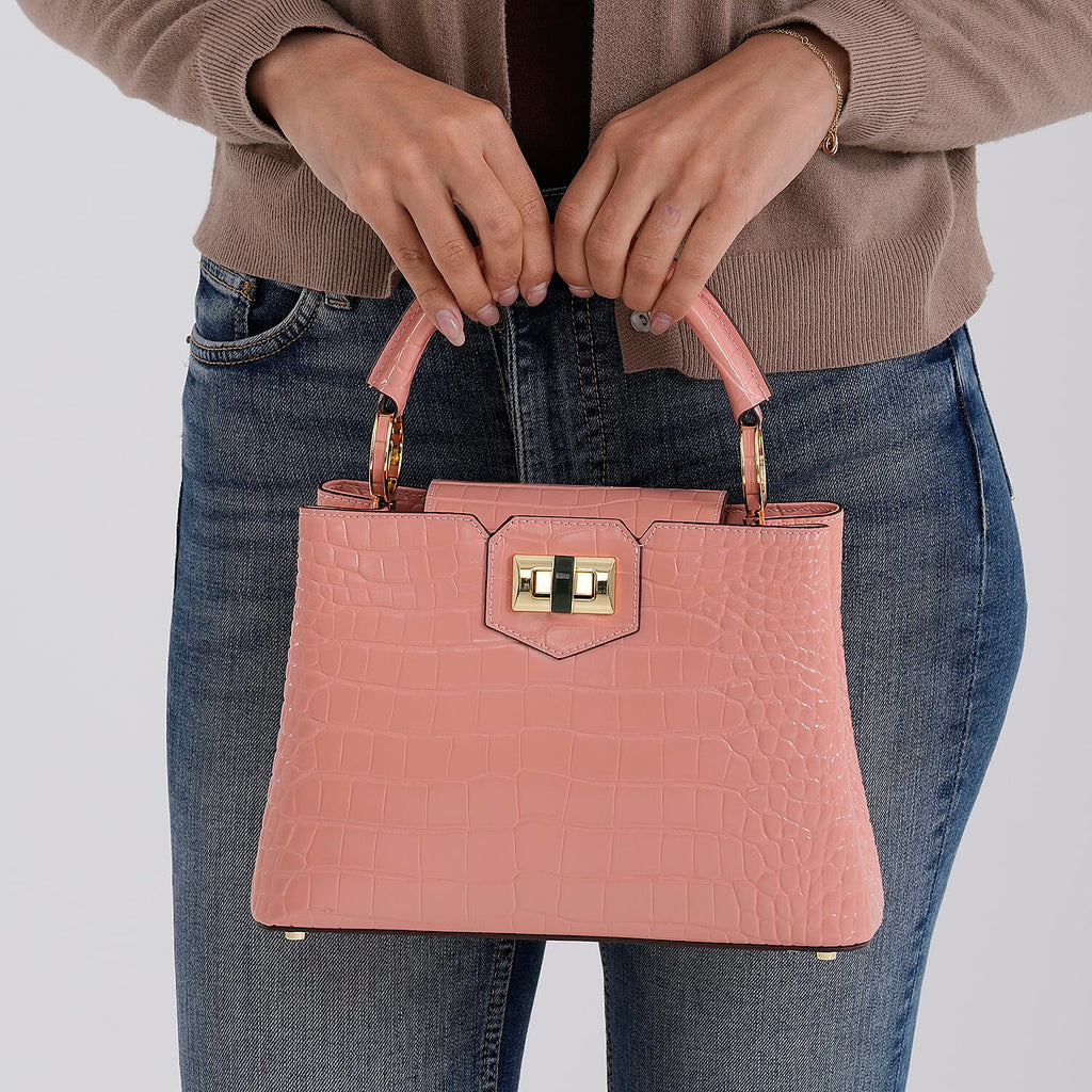 TJC 20TH ANNIVERSARY EXCLUSIVE La Marey Signature Genuine Leather Croc-Embossed Satchel Handbag - Peach