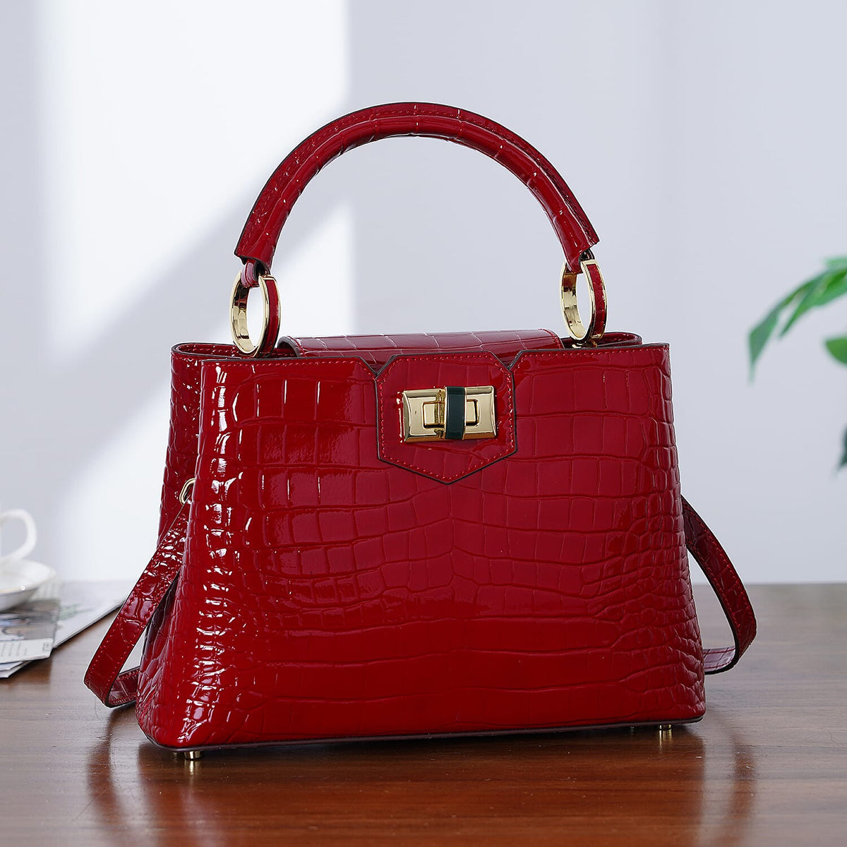 TJC 20TH ANNIVERSARY EXCLUSIVE La Marey Signature Genuine Leather Croc-Embossed Satchel Handbag - Red 8380670 2