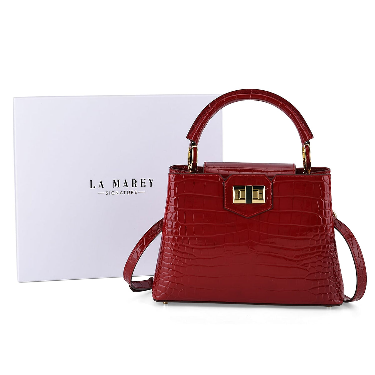 TJC 20TH ANNIVERSARY EXCLUSIVE La Marey Signature Genuine Leather Croc-Embossed Satchel Handbag - Red 8380670 8