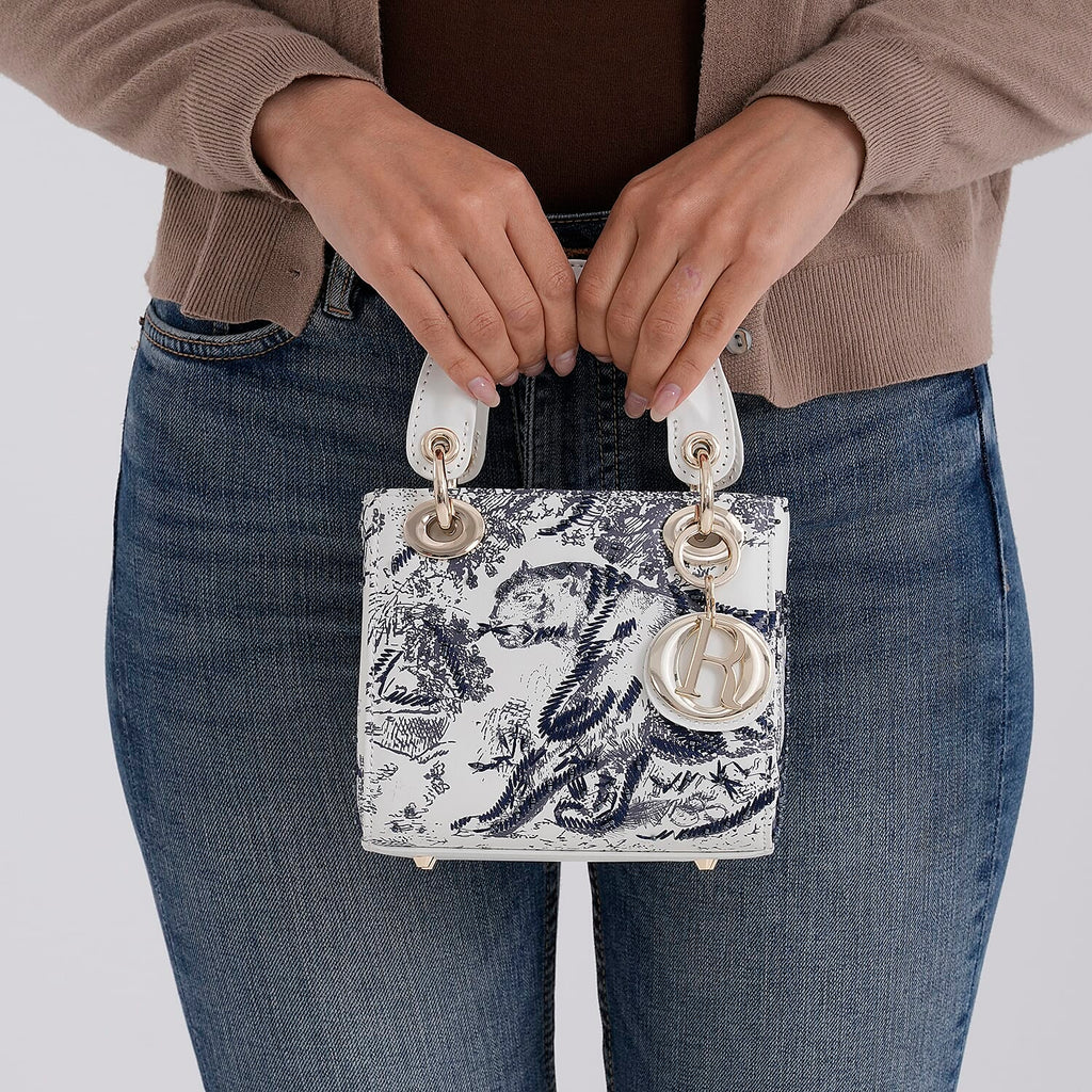 LA MAREY SIGNATURE Genuine Leather Tiger Sequins Embroidery Handbag - Blue