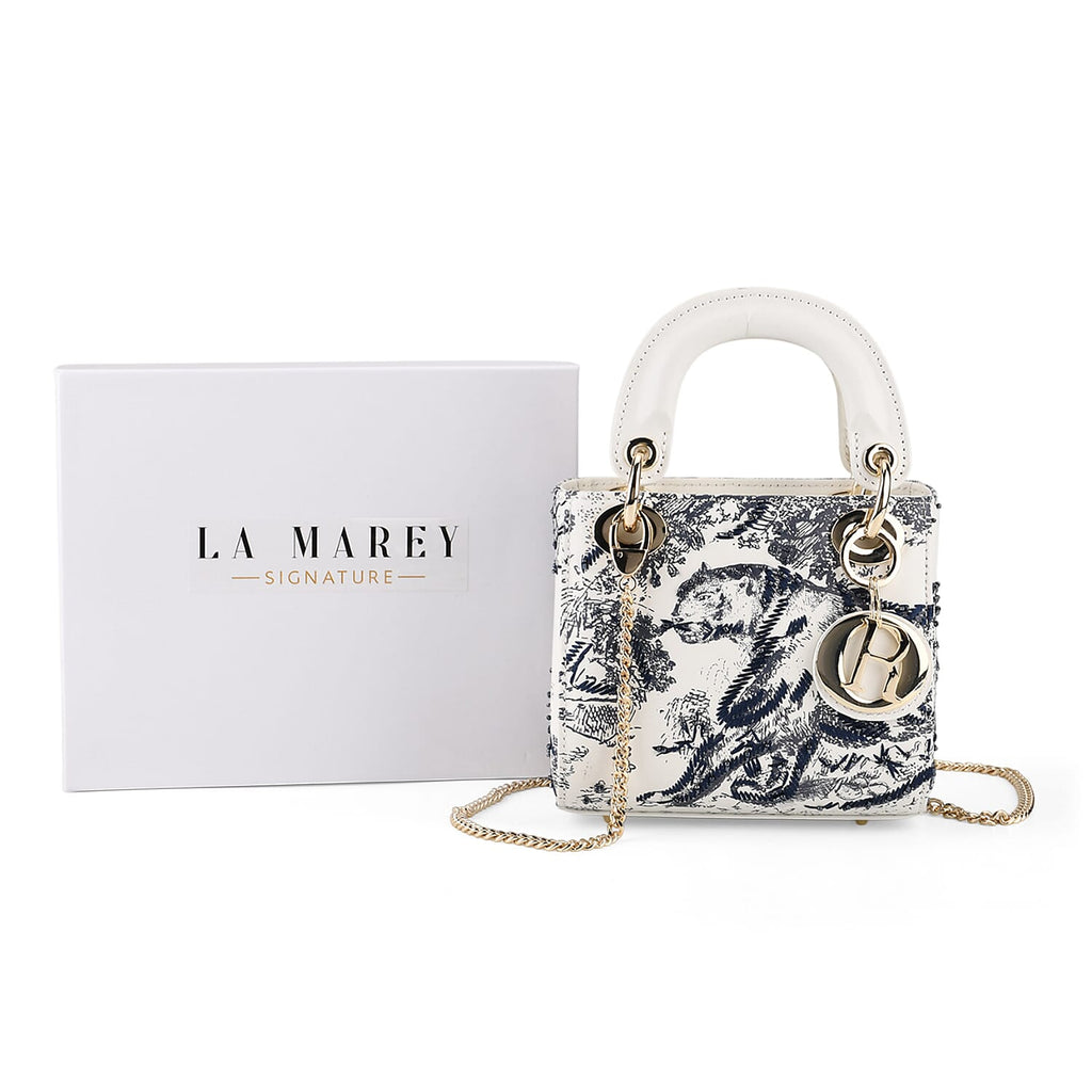 LA MAREY SIGNATURE Genuine Leather Tiger Sequins Embroidery Handbag - Blue