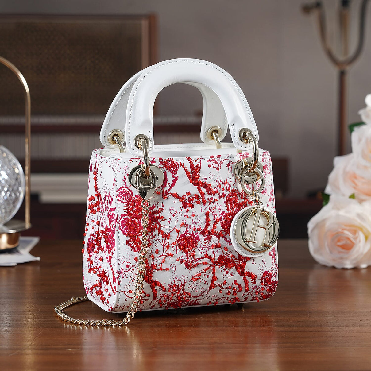 LA MAREY SIGNATURE Genuine Leather Plum Blossom Sequins Embroidery Handbag - Red &amp; White 8430099 2