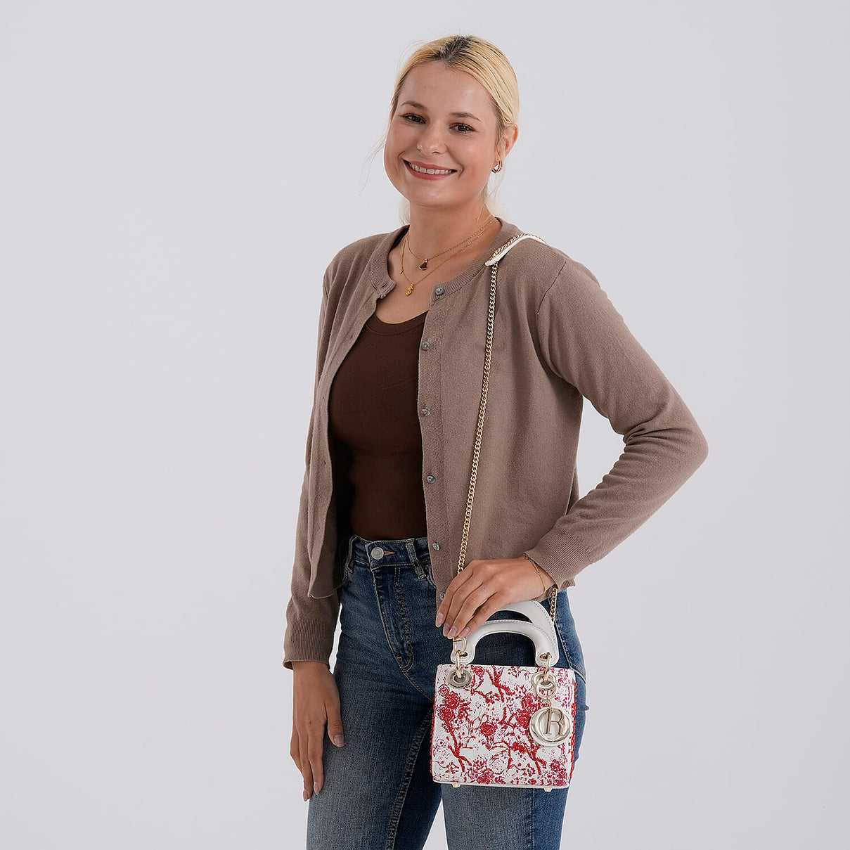 LA MAREY SIGNATURE Genuine Leather Plum Blossom Sequins Embroidery Handbag - Red &amp; White 8430099 3