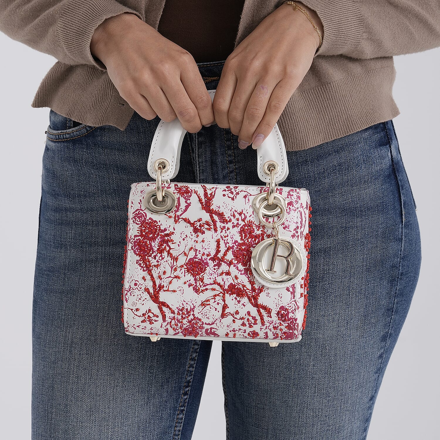 LA MAREY SIGNATURE Genuine Leather Plum Blossom Sequins Embroidery Handbag - Red &amp; White 8430099 4