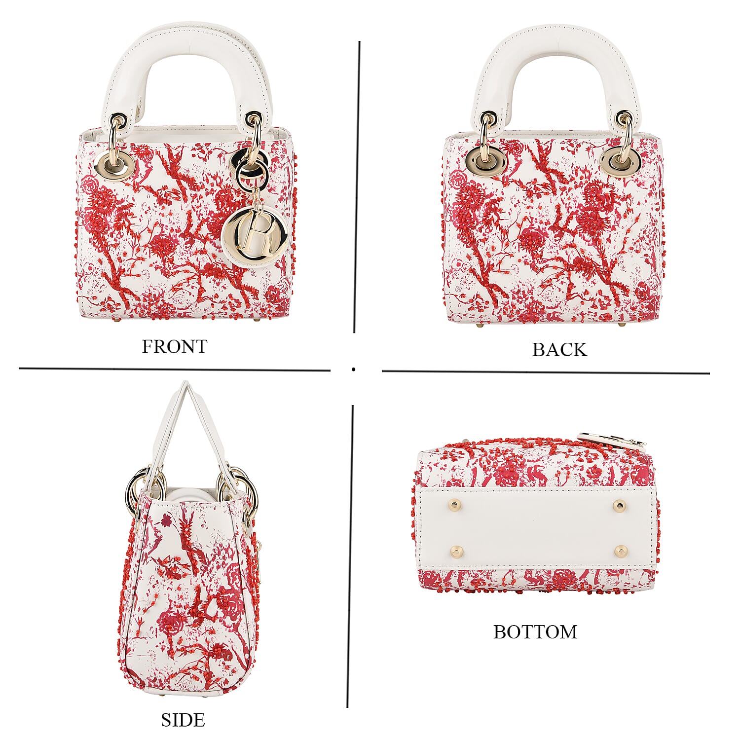 LA MAREY SIGNATURE Genuine Leather Plum Blossom Sequins Embroidery Handbag - Red &amp; White 8430099 5