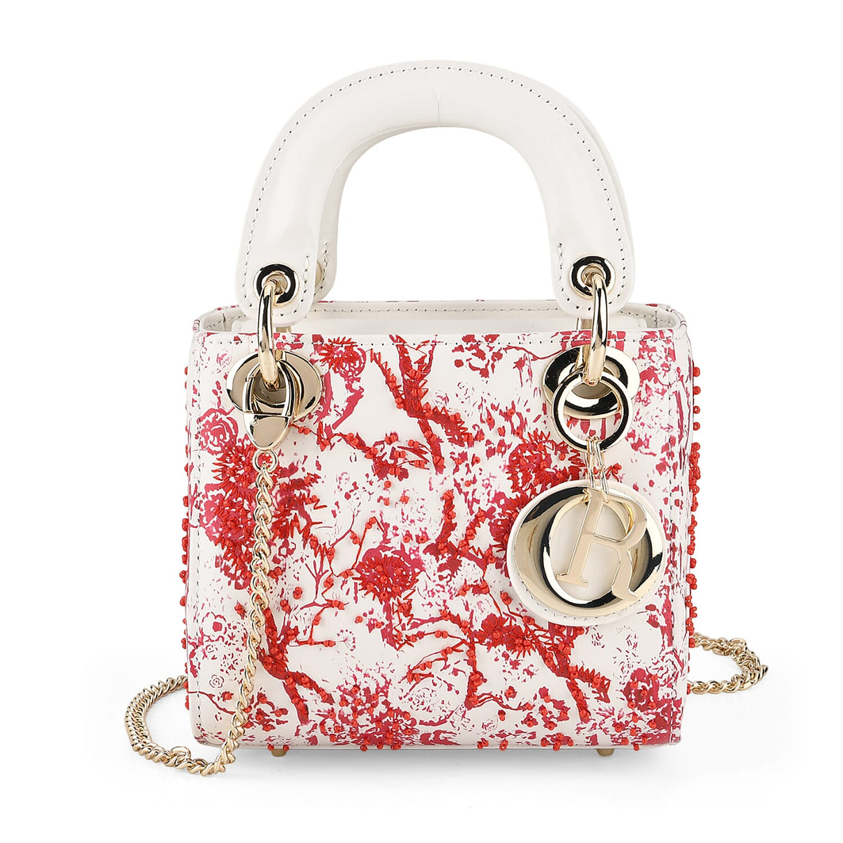 LA MAREY SIGNATURE Genuine Leather Plum Blossom Sequins Embroidery Handbag - Red &amp; White 8430099 6