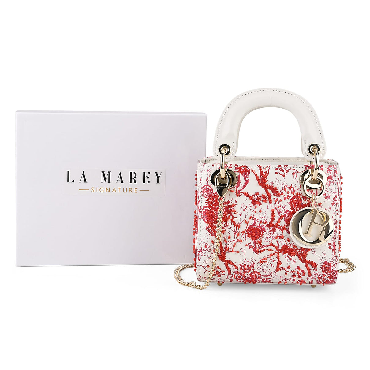 LA MAREY SIGNATURE Genuine Leather Plum Blossom Sequins Embroidery Handbag - Red &amp; White 8430099 8