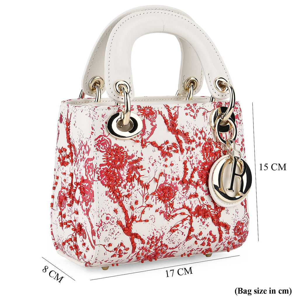 LA MAREY SIGNATURE Genuine Leather Plum Blossom Sequins Embroidery Handbag - Red & White