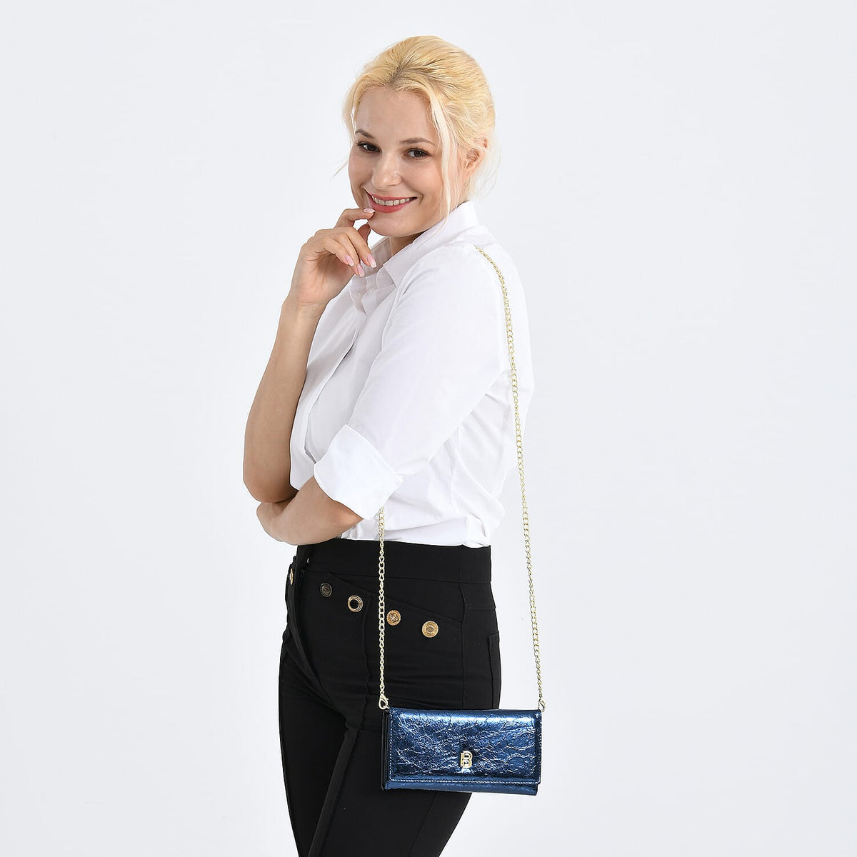 La Marey Signature Genuine Leather B Letterpress Clutch Bag with Long Chain V32529907 3