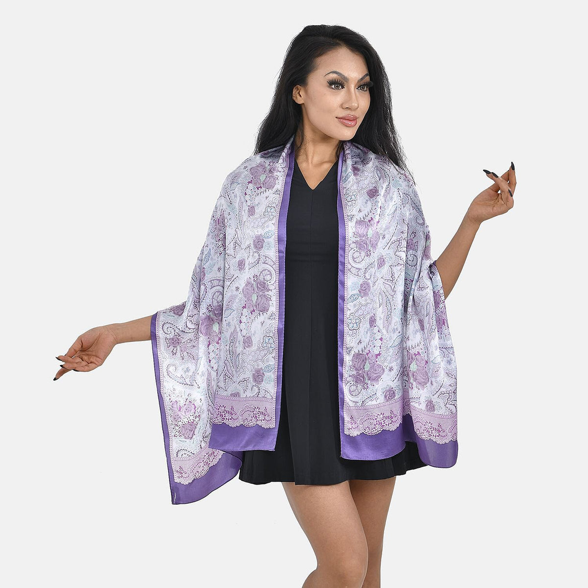 La Marey 100% Mulberry Silk Floral Pattern Scarf (Size 170x52 cm) - White &amp; Light Purple &amp; Rose 7490026 0